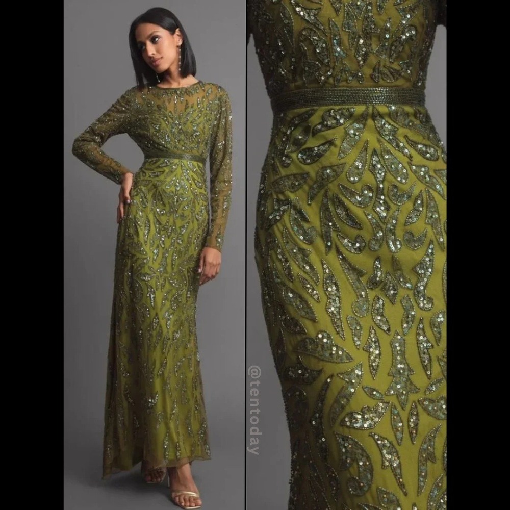 Mac Duggal 5124 Size 16 Olive Green Beaded Long Sleeve‎ Evening Gown Maxi Dress